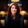 a woman with red hair sitting in a kitchen