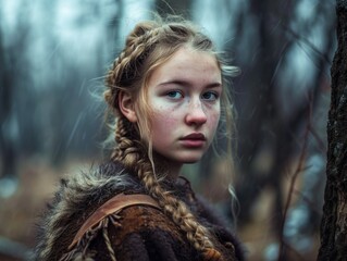 a woman with braided hair in a forest