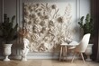 A fashionable living room design features flowers in vases and botanical bas relief wildflowers as wall art. decorative plaster flowers Interior of a contemporary, luxurious room
