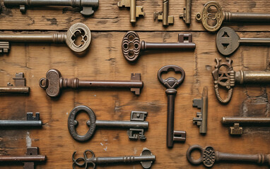 Wall Mural - Assortment of Antique Keys on Rustic Wood