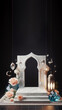 islamic marble podium with gold lantern and peach roses, blue crystal dark background, ai generated
