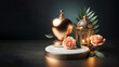 islamic white marble podium with gold arabic lantern, gold heart and peach roses, ai generated