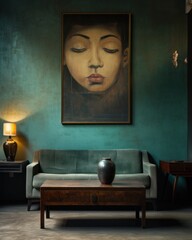 Sticker -  a living room with a painting of a woman's face on the wall and a coffee table in front of it.