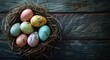 a nest with colorful eggs