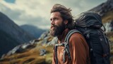 Fototapeta  - side view portrait of a tramp tourist male loner shaggy with a beard and a backpack in a warm jacket with extreme equipment. adventure man explorer on the mountain in bad weather in autumn. journey