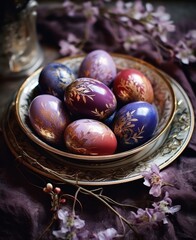 Wall Mural -  a bowl filled with colorfully painted eggs on top of a purple table cloth next to a bottle of wine.