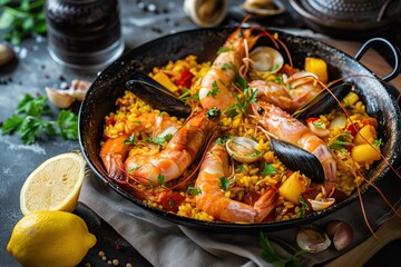 Tradicional Spanish paella with seafood. A dish of rice, shrimp, mussels and other sea creatures. Beautiful still life for restaurant poster