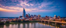 Panoramic View Of Charlotte North Carolina At Sunset, America, Apartment, Architecture, Banking, Beautiful, Big, Blue, Building, Business, Carolina, Center, Charlotte, City, Commerce, District, Down
