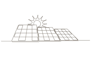 Sun and solar panel continuous one line icon drawing. Energy of sun with ecology power station vector illustration in doodle style. Contour line sign for innovation, environment, renewable 