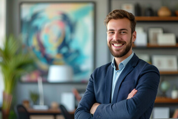 portrait of successful senior businessman consultant looking at camera and smiling inside modern office