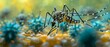 Zika Virus and Mosquito Interaction, the Zika virus on the surface of a mosquito's proboscis. macro photography to emphasize the details of both the virus and the mosquito.