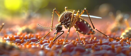 Wall Mural - Zika Virus and Mosquito Interaction, the Zika virus on the surface of a mosquito's proboscis. macro photography to emphasize the details of both the virus and the mosquito.