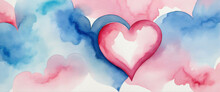 Watercolor Background With Pink And Blue Heart . Valentine's Day Card