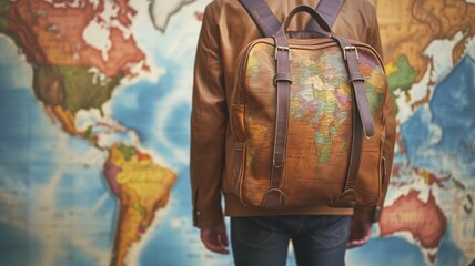 Close-up of a traveler's leather backpack against a world map, symbolizing adventure