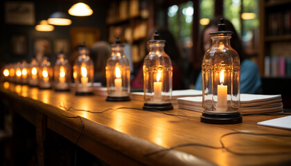 Poster - Candlelight illuminates tranquil table, old book, and comforting drink generated by AI