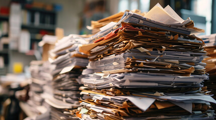 Folders with documents are piled on the table in large piles, waiting to be digitized and recycled. Blurred background of an office, archive room. The concept of transition in office work.