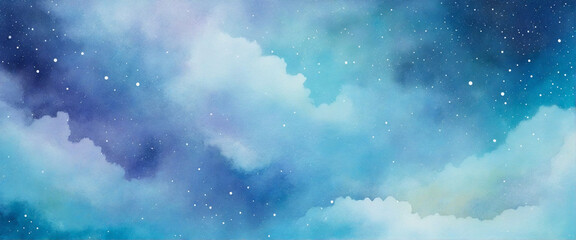 Wall Mural - blue sky watercolor background with clouds and shimmering details. universe-inspired galaxy design i