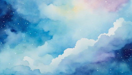 Wall Mural - blue sky watercolor background with clouds and shimmering details. universe-inspired galaxy design i