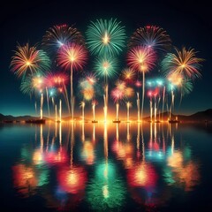 Wall Mural - Holiday fireworks above water with reflection on the black sky background