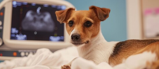 Poster - Jack Russell Terrier receiving ultrasound scan at vet clinic.