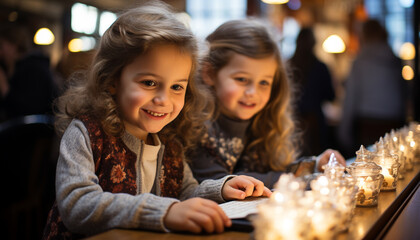 Sticker - Smiling girls sitting at table, enjoying candlelight generated by AI