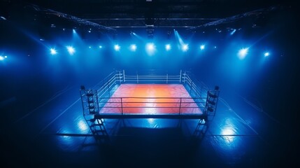 Wall Mural - Indoor boxing ring with blue neon lighting and a smoky background. Concept of boxing, sports ring, sports events, competition, combat sports