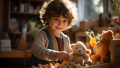 Wall Mural - Smiling child playing with toy, happiness and joy generated by AI