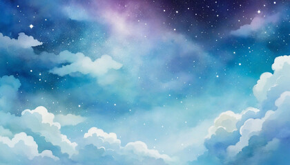 Wall Mural - blue sky watercolor background with clouds and shimmering details. universe-inspired galaxy design i