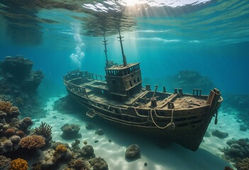 Wall Mural - Enchanted oceanic scenery with ancient sunken vessel. Creative technology