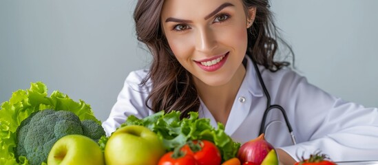 Sticker - Beautiful female doctor posing with fresh vegetables and green apple on a plate.