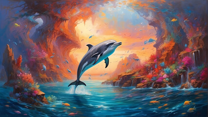 dolphins at sunset