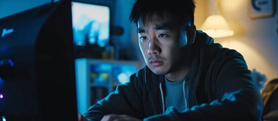 Canvas Print - Asian man looking at computer screen with ransomware attack at home in evening