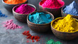 Happy Holi Festival Of Colors Illustration Of Colorful Gulal For Holi, In Hindi Holi Hain Meaning Its Holi ,Holi color powder. Organic Gulal colours in bowl for Holi festival, Hindu tradition festive.