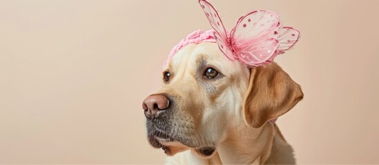 Poster - Labrador retriever dog wearing a pink butterfly headband, looking sideways and adorable.