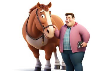 illustration of an overweight man with a horse. on a white background. character.