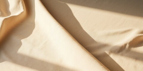 Wall Mural - Linen Beige Folded Textile Background. Aesthetic Natural Textured Fabric, Cotton Material With Sunlight. Generative AI