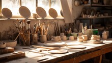 Paint Brushes On A Table, Step Into An Art Studio Where Impeccable Lighting Accentuates The Beauty Of Brushes And Ceramic Plates Arranged On A Workbench