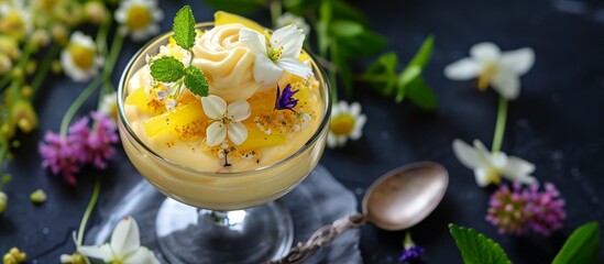 Wall Mural - Dessert with elderflower, lemon curd, and fresh flowers in a glass jar