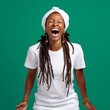 Mockup. Smiling Special Woman with Rasta in White T-Shirt