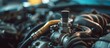 Replace oxygen sensor in old or damaged gasoline car, inspect lambda sensor, close-up of engine spare parts, and examine part of car's exhaust system with combustion engine.