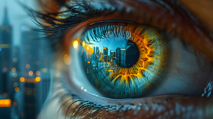 Wall Mural - Extreme close up of a natural eye , the reflection of the city ​​buildings can be seen in the eye. Generative AI.