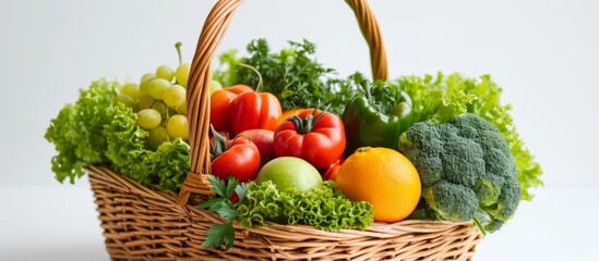 Wall Mural - Fresh produce in a wicker basket on a white background