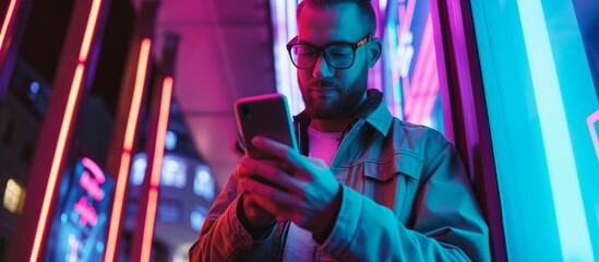 Canvas Print - Stylish man under neon light in city street, texting on phone.