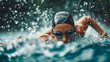 © mimi - Determined female triathlete swims in the rain with unwavering focus.