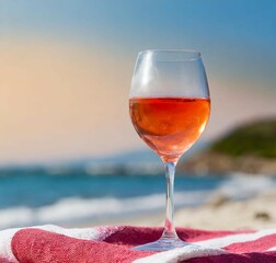 Poster - Glass of pink wine on the beach with copy space. Travel background.