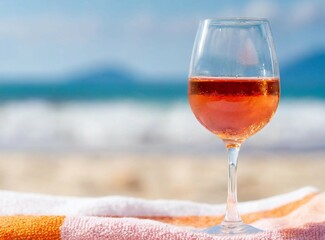 Canvas Print - Glass of pink wine on the beach with copy space. Travel background.