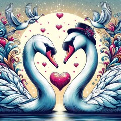 Wall Mural - valentine pair of swans