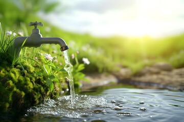 Water conservative concept, water leaking from a faucet surrounded with nature. Concept of saving water and environment.