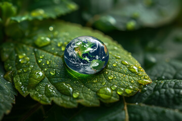 The world in water drop on leaves background. Water drop after rain idea of water conservation, the protection of earth and environment.