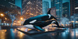 Sculpture of an Orca whale in the middle of a downtown financial district between skyscrapers at night